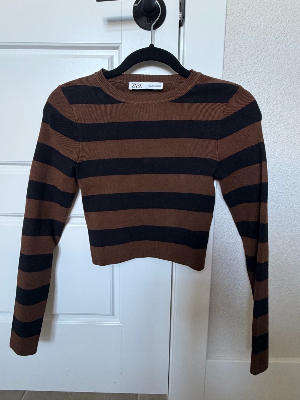 Zara Brown and Black Wide-Stripe Long Sleeve Knit Top